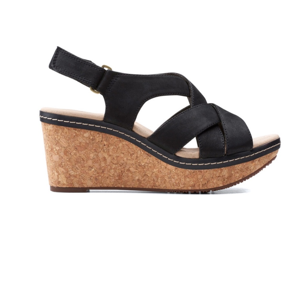 NEW Clarks Black Annabel Pearl Cork Wedge Sandals 6M